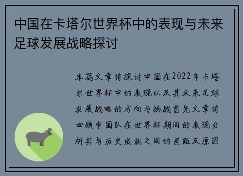 中国在卡塔尔世界杯中的表现与未来足球发展战略探讨